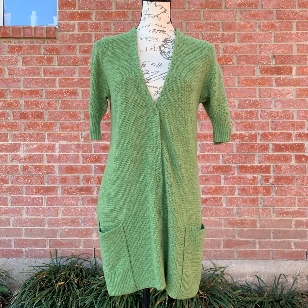 Eileen Fisher green mélange fluff long lean cardigan size small